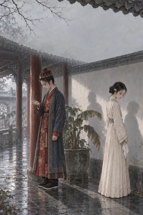 《红楼梦》的封面：雨中回廊上的宝玉和黛玉