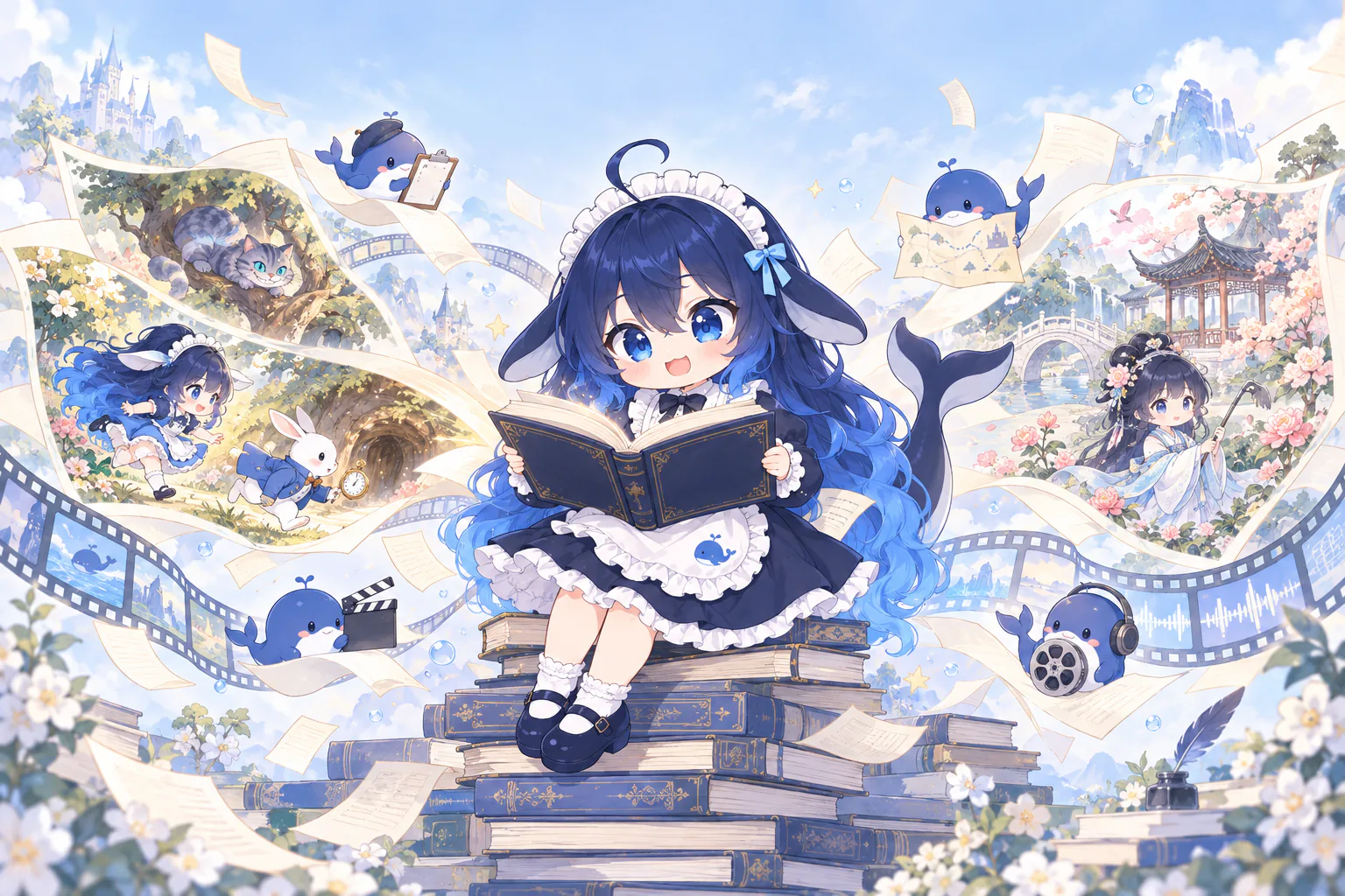 DeepSeek-chan, the whale-girl maid, sits on a stack of books reading aloud; the pages fly out and become scenes — Alice following the White Rabbit, the Cheshire Cat in a tree, a Chinese garden with a pavilion and a young lady with a flower hoe — while four little whales carry a clipboard, a story map, a clapperboard and a film reel.