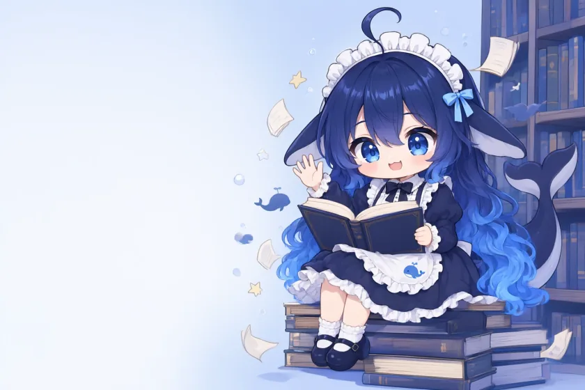 DeepSeek-chan sitting on a stack of books, waving, an open book in her lap