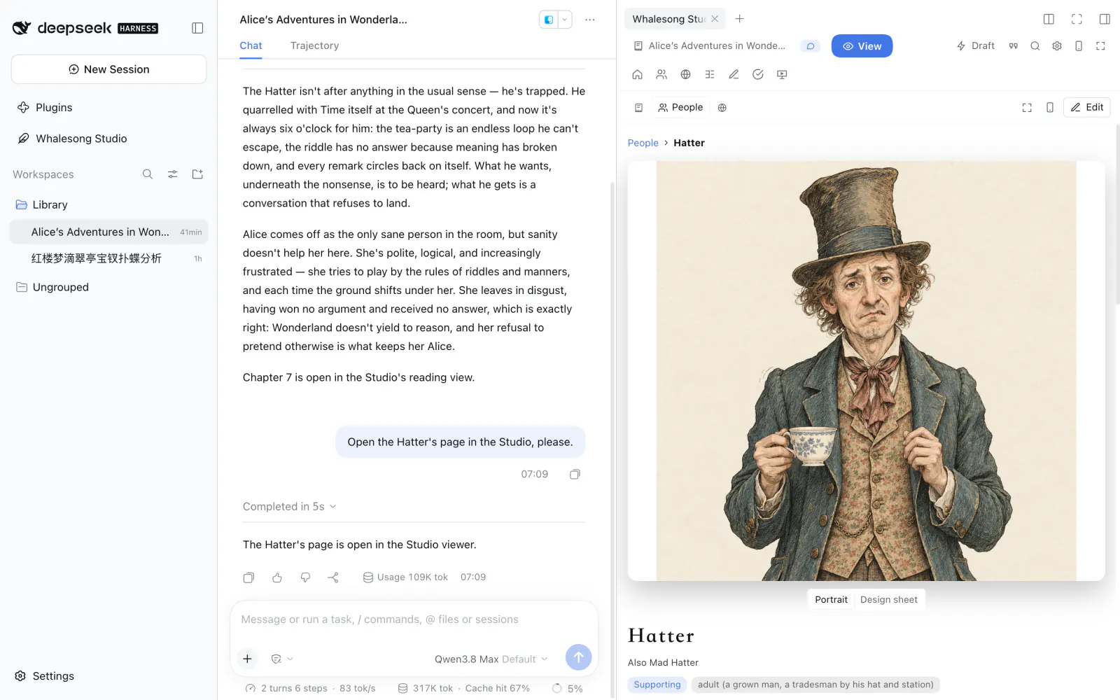 Whalesong Studio beside the conversation: asked to, the showrunner opens the Hatter's page on the right — his portrait, drawn in the Studio