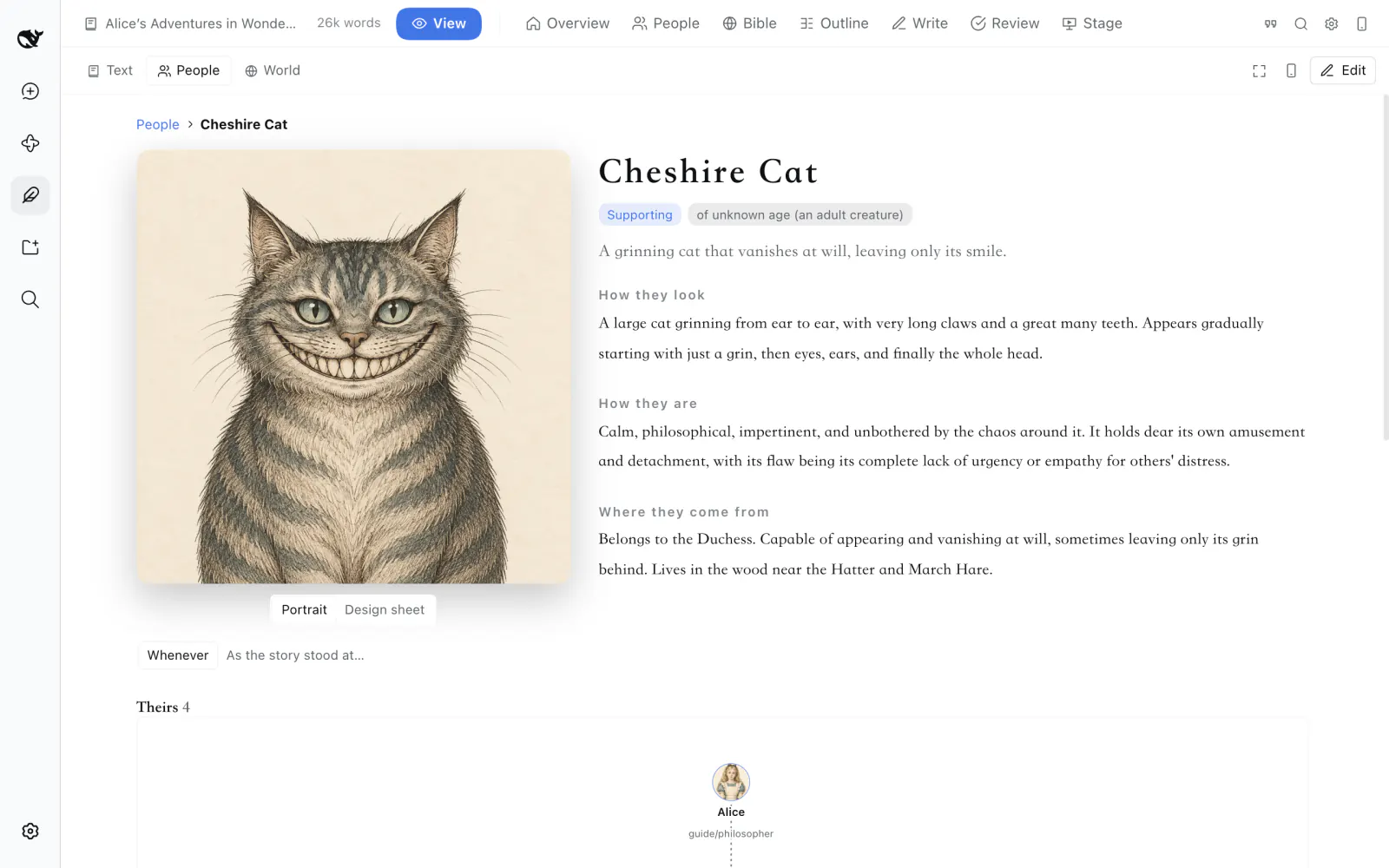 The Cheshire Cat's page: a large portrait beside how it looks, what it is like and where it comes from