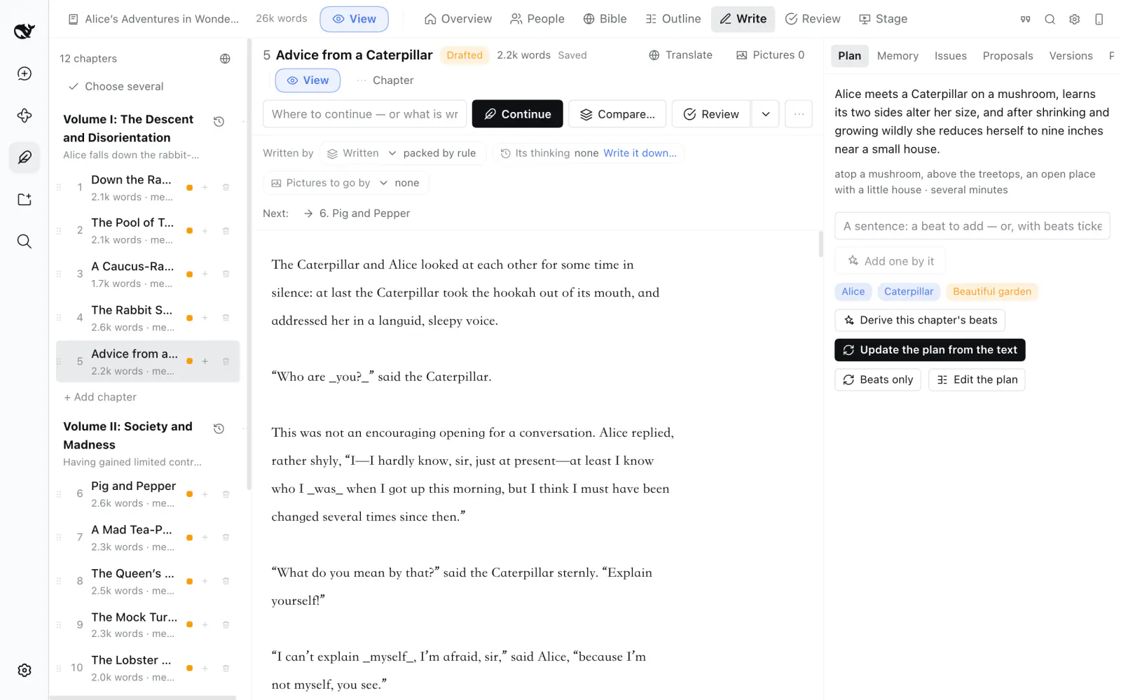 The Write page: the chapter list, the text, and the chapter's plan on the right